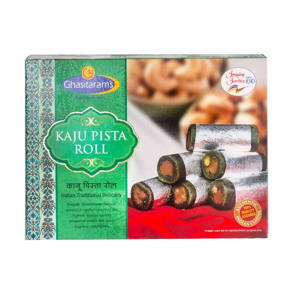 Buy Punjabi Ghasitaram Halwai Kaju Pista Roll Online - OLRAA Indian Snacks
